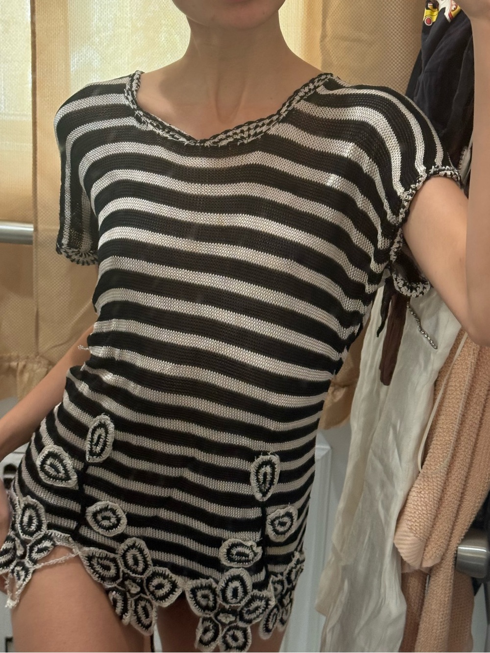 Striped Black and White Crochet-Trim Knit Top